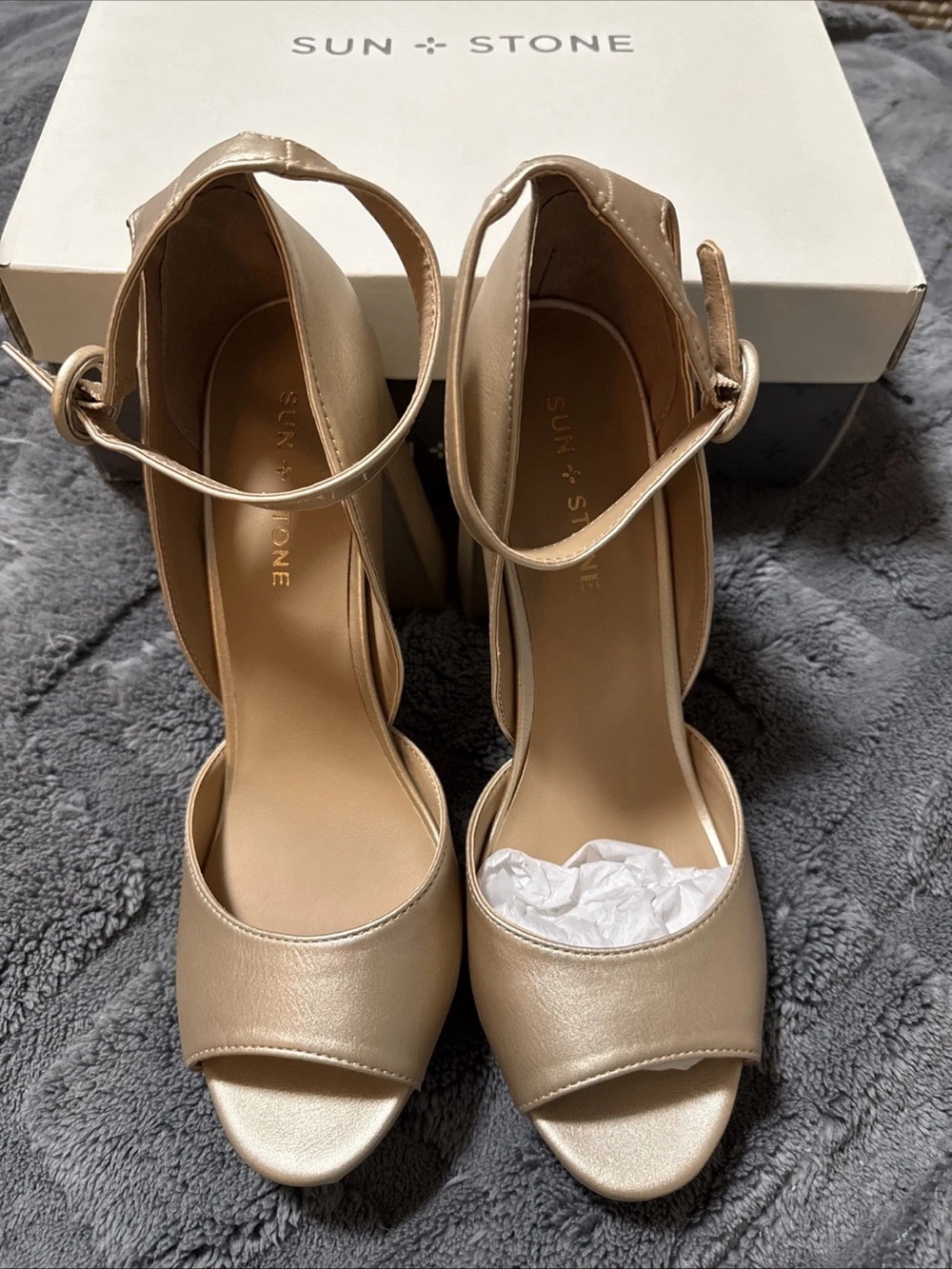 Sun + Stone Women's Ankle-Strap Peep-Toe Heels in Champagne Nude